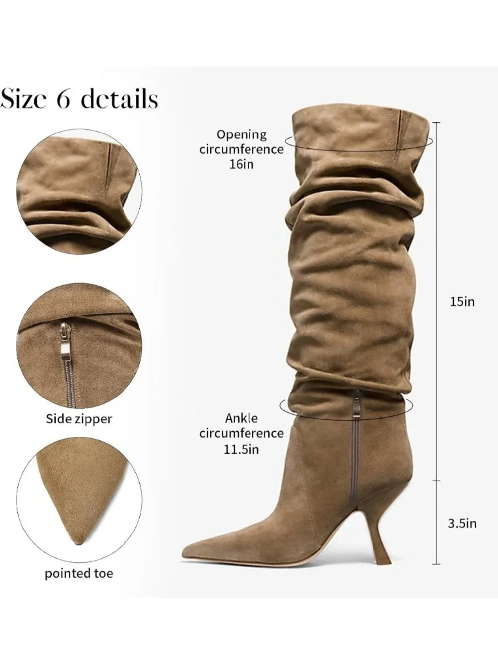 Women's Taupe Slouch Knee High Boots Kitten Heel Side Zipper Knee-High Boots